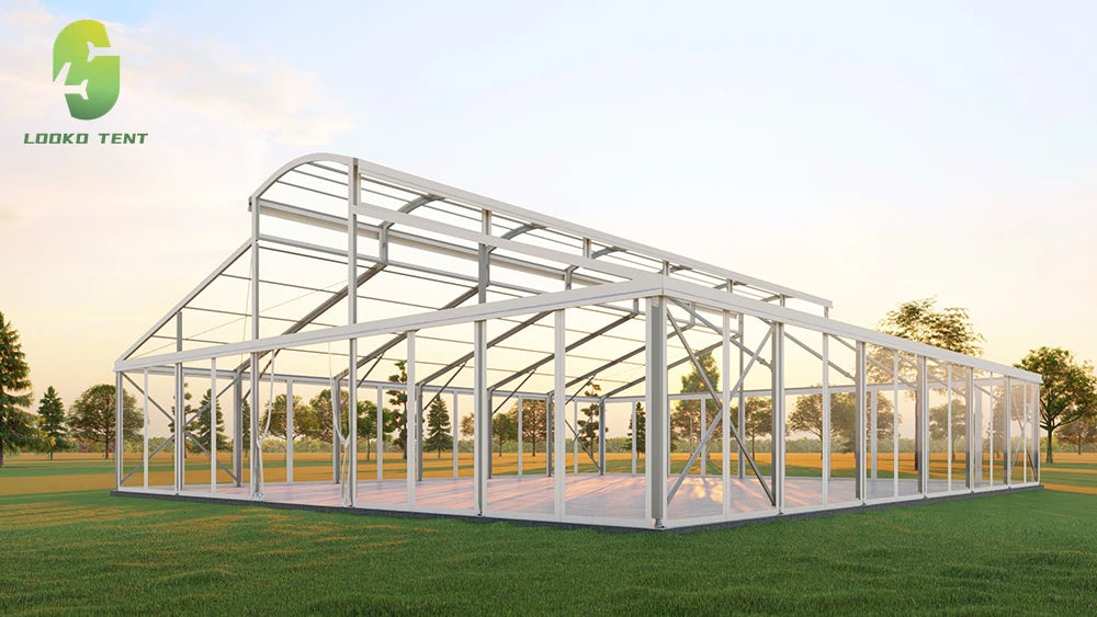 Tente de réception de luxe commerciale en aluminium et verre pour événements extérieurs, chapiteau, atrium, pour 200 à 500 personnes