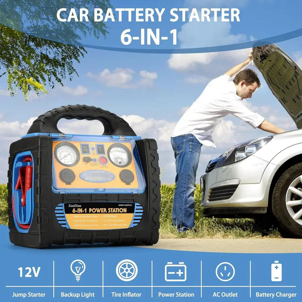 Démarreur de saut 6 en 1, 1800 ampères, avec compresseur d'air, gonfleur de pneus 260psi, batterie de voiture 12V, Pack de démarrage pour camion Aut