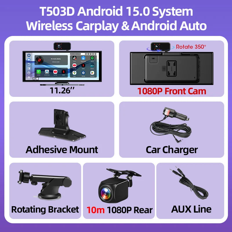 11.26 pouces Android 15 voiture DVR 4G + 64G WIFI sans fil Carplay Android Auto Dash Cam multimédia lecteur vidéo GPS Navigation BT AUX