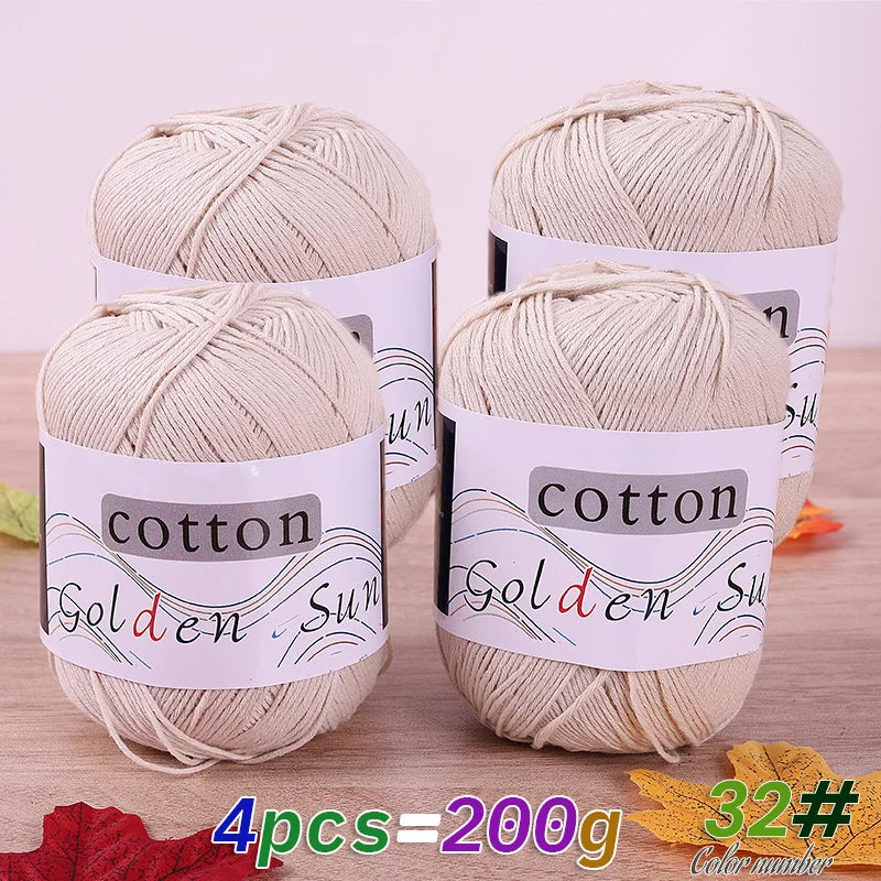 200 g de fil de coton pur 100 %, fil au crochet moyen-fin, fait à la main pour tricoter des pulls, des gilets, des chapeaux et des petites couvertures. Fil de coton moyen-fin, 1 pièce = 4 pièces = 200 grammes