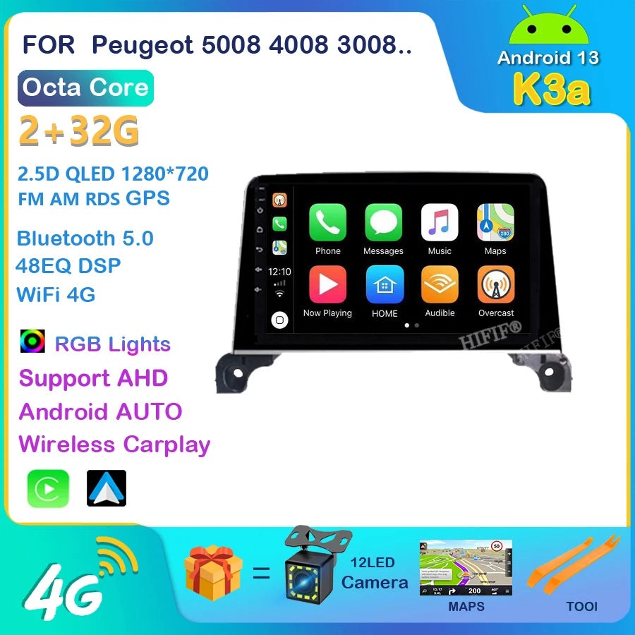 Autoradio Android, WIFI, FM, GPS, Stéréo, 2 DIN, Unité Centrale avec Cadre, pour Voiture KIT 5008, 4008, 3008, 2017, 2018, 2019, 2020