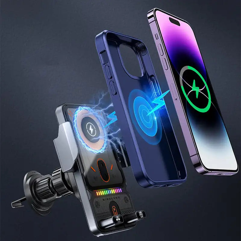 Support de téléphone pour voiture et chargeur sans fil 2 en 1 – 360 °   Support de navigation rotatif 15W à charge rapide pour smartphones, fixation sur grille d'aération