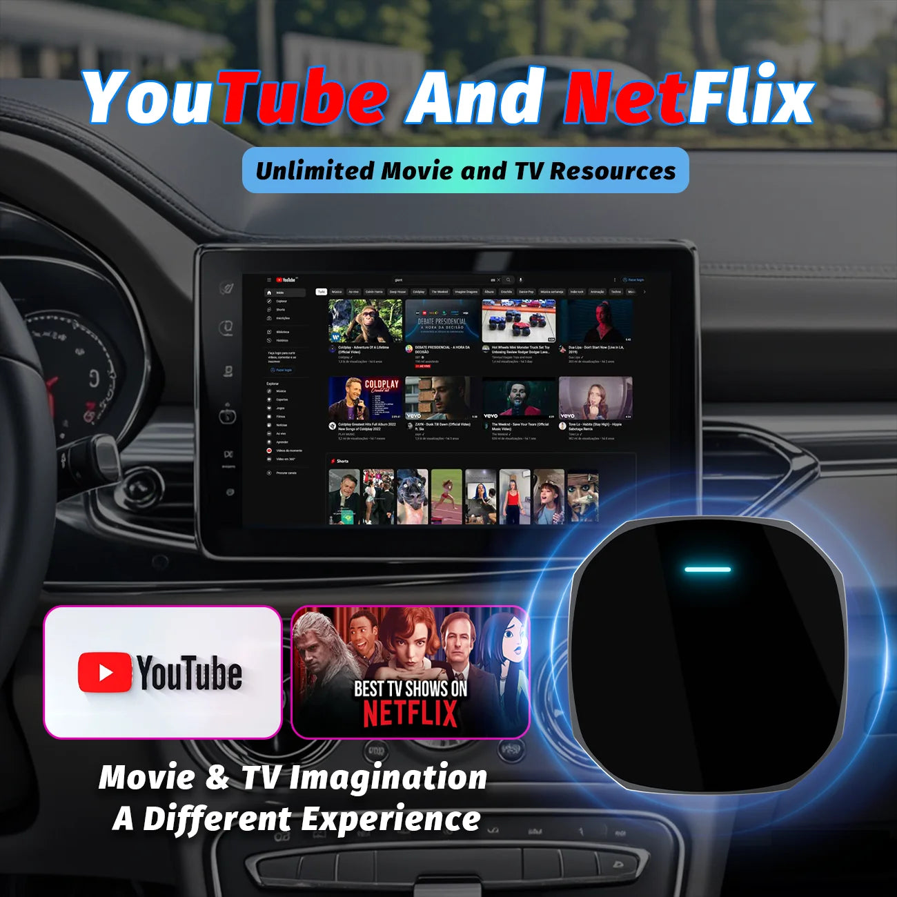 Adaptateur sans fil Android Auto Apple CarPlay double WiFi Plug And Play, boîtier intelligent AI avec Youtube Netflix IPTV TikTok, 2026
