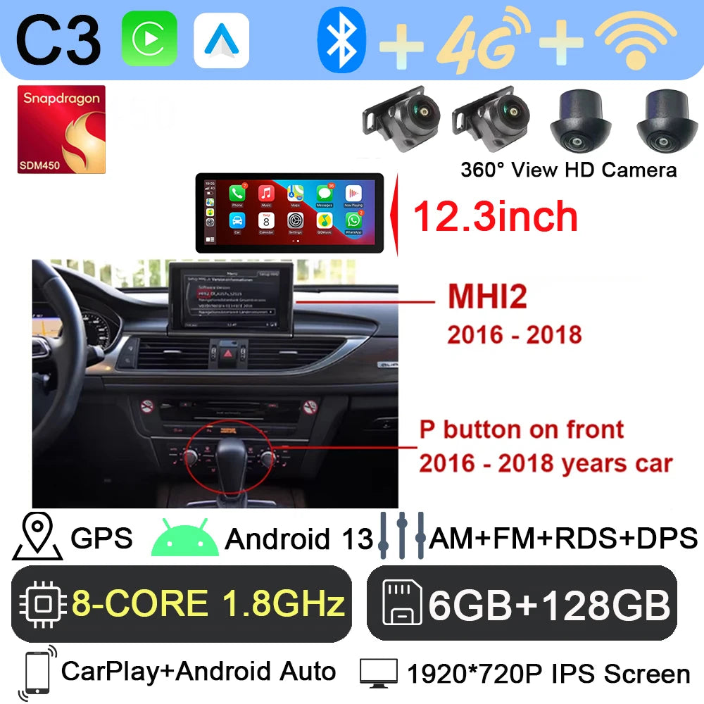 Android 13 sans fil Carplay 12.3 pouces pour Audi A6 C7 A7 2012-2018 autoradio multimédia Android Auto GPS 4G LTE DSP stéréo WiFi