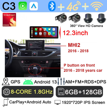 Android 13 sans fil Carplay 12.3 pouces pour Audi A6 C7 A7 2012-2018 autoradio multimédia Android Auto GPS 4G LTE DSP stéréo WiFi