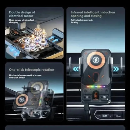 Support pour voiture double moteur électrique rotatif ouverture et fermeture support pour téléphone 15W sans fil charge rapide iPhone 17 16 support Samsung