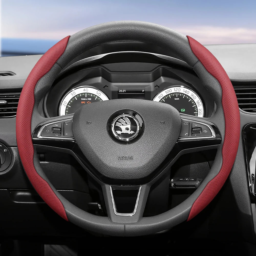 مناسب لـ Skoda غطاء عجلة قيادة من الجلد المسامي بتصميم مقطع سريع التحرير، مضاد للانزلاق ومتين، لسيارات Octavia Rapid Kodiaq Karoq Fabia Superb Kamiq Citigo Scala Combi Kylaq Kushag Slavia Black
