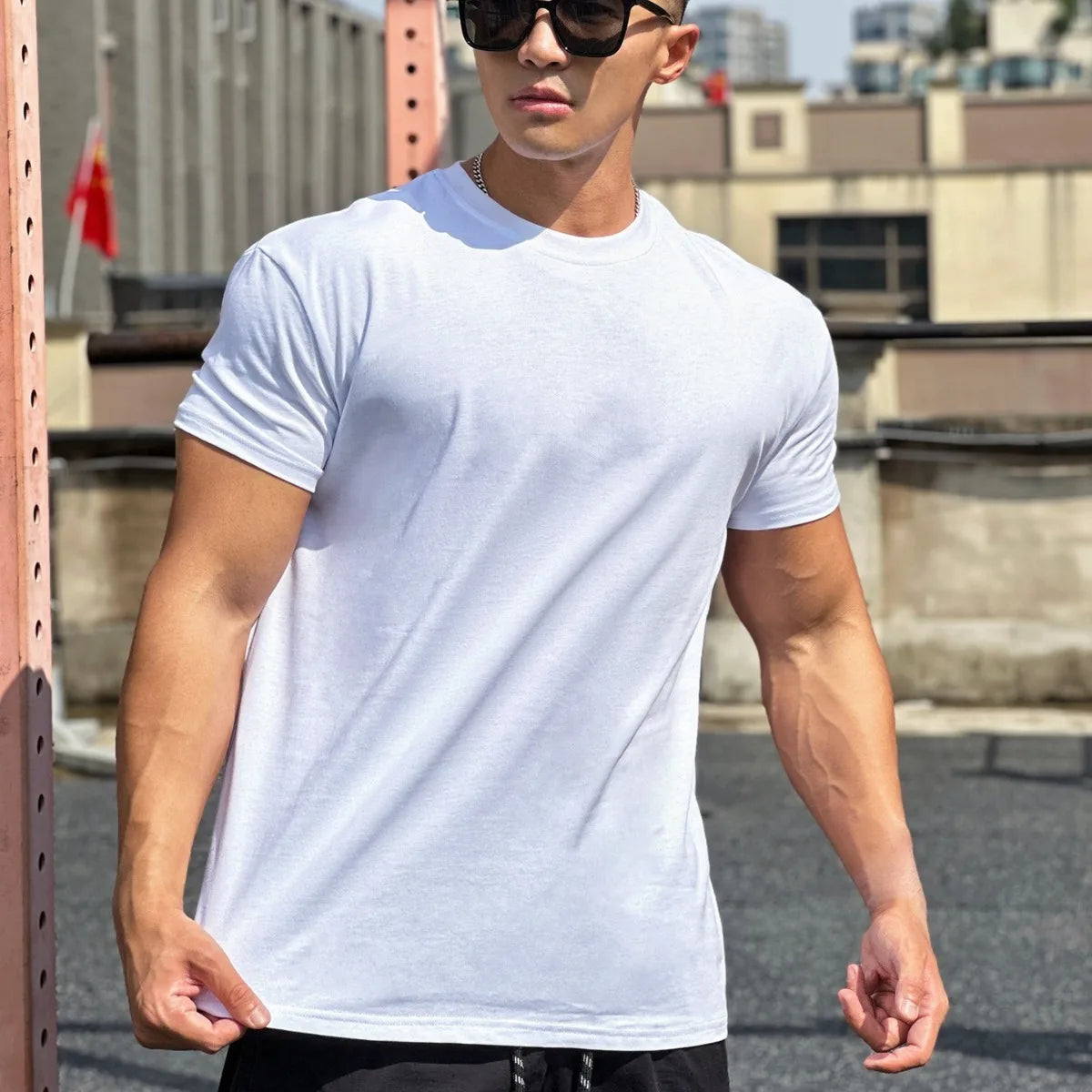T-shirt de sport musculaire à manches courtes pour hommes, blanc, coton, fitness, basket-ball, course à pied, entraînement, élastique, automne