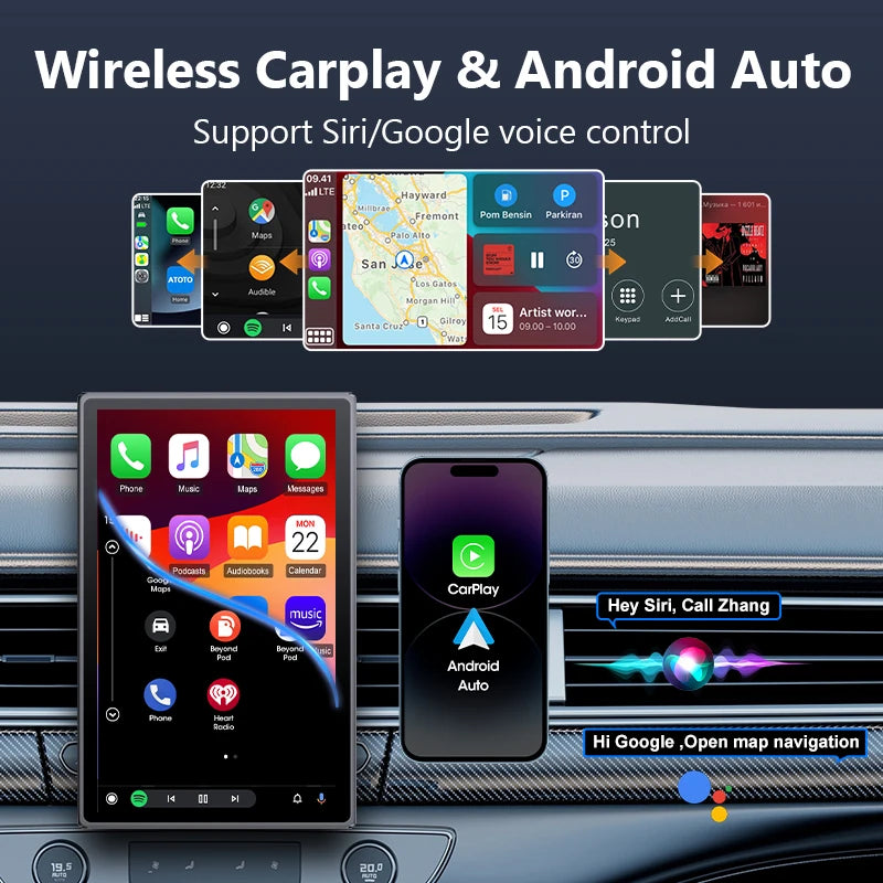 Écran de voiture rotatif Portable universel de 8 pouces, sans fil, Carplay, Android Auto et WIFI, lien miroir, caméra arrière de stationnement, stéréo AUX