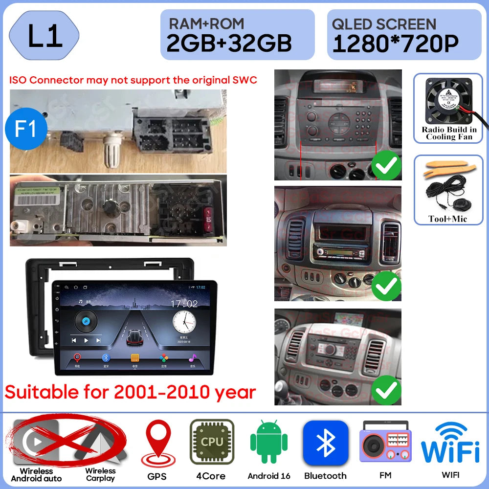 Autoradio Android 16 pour Renault Trafic 2 pour Opel Vivaro A pour Nissan primastar 2001 - 2014 GPS Navigation Carplay Android Auto