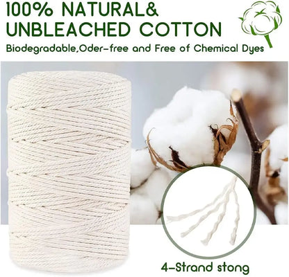 Cordon de macramé en coton 100% naturel, 4mm, cordon artisanal pour bricolage, cintres pour plantes à tricoter, décoration de noël et de mariage, Beige
