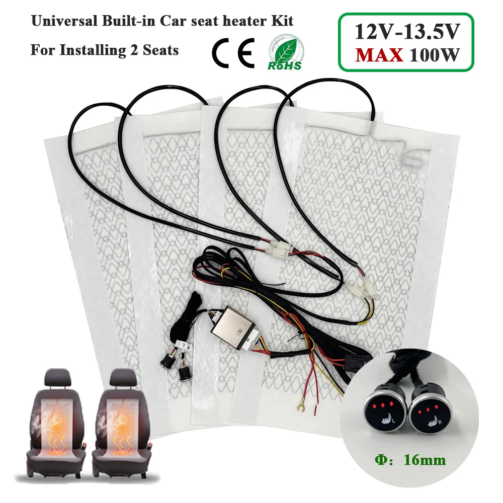Kit de chauffage de siège de voiture intégré universel Max 100W, adapté aux 2 sièges avec coussinets chauffants en Fiber de carbone 12V, système de commutation de commande à 3 niveaux