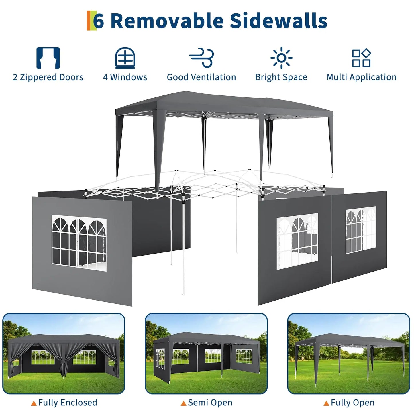 Tente de réception commerciale pliable 10x20, robuste, pour événements extérieurs, avec 6 parois latérales, imperméable, gazebo de fête et sac de transport