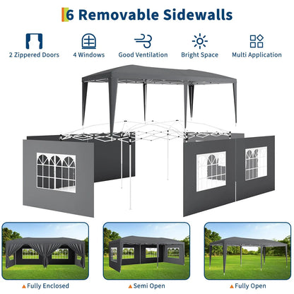 Tente de réception commerciale pliable 10x20, robuste, pour événements extérieurs, avec 6 parois latérales, imperméable, gazebo de fête et sac de transport