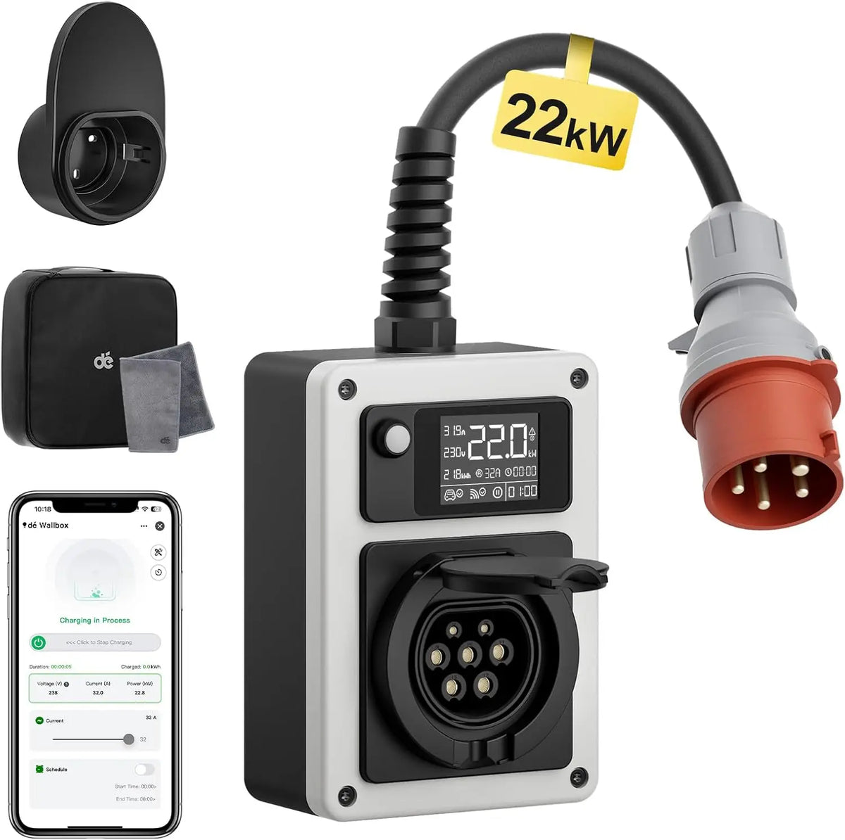dé 22kW Wallbox mobile pour véhicule électrique, prise rouge CEE vers prise de type 2, station de charge pour véhicule électrique triphasé, 32A