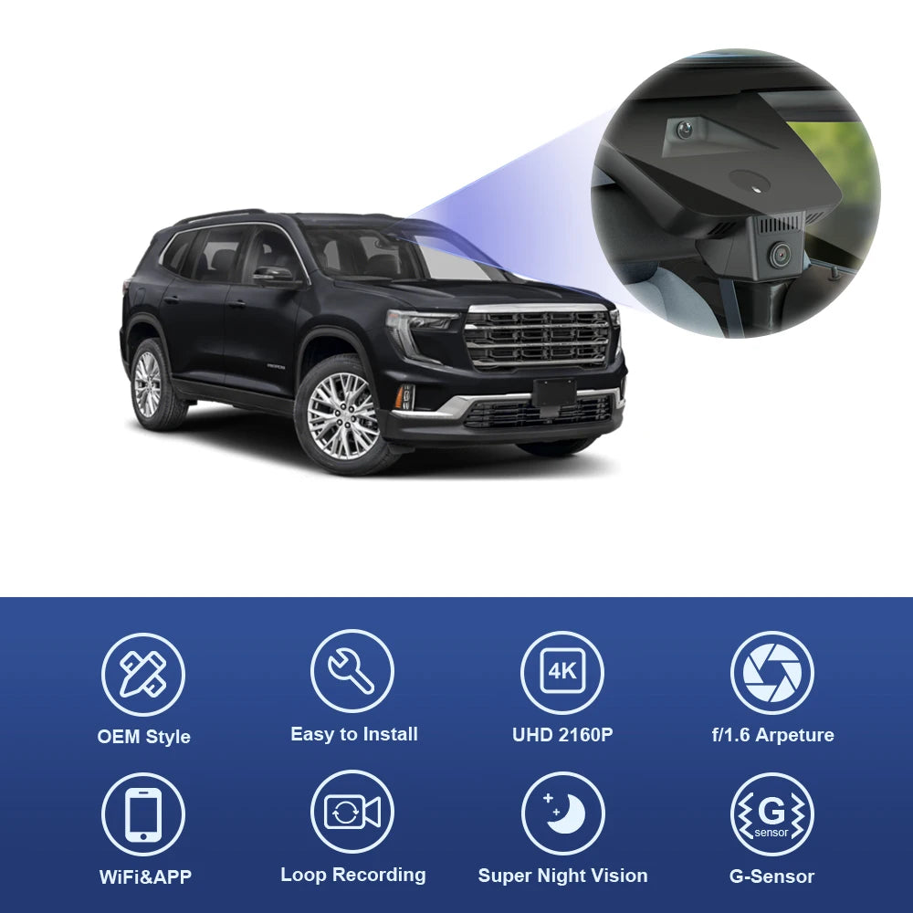 Caméra de tableau de bord Fitcamx 4K pour GMC Acadia 2024 – 2026, DVR de voiture avec WDR avancé, Super Vision nocturne, enregistreur de conduite pour la sécurité