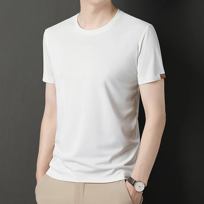 T-shirt à Manches Courtes pour Homme, Col Rond, Solide, avec Poignets Brodés, à la Mode, Confortable, Respirant et artificiel astique