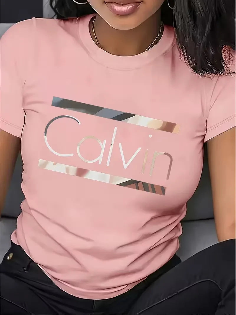 Offre spéciale femmes mode d'été décontracté Calvin lettre motif imprimé col rond manches courtes vêtements de sport T-shirt y2k vêtements