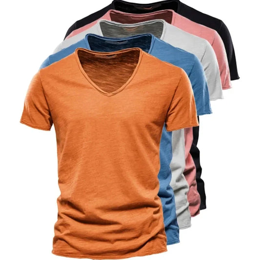 Nouveau 100% coton hommes T-shirt hauts col en V mince à manches courtes t-shirts de haute qualité hommes mode Fitness T-shirt chaud pour hommes taille S-5XL