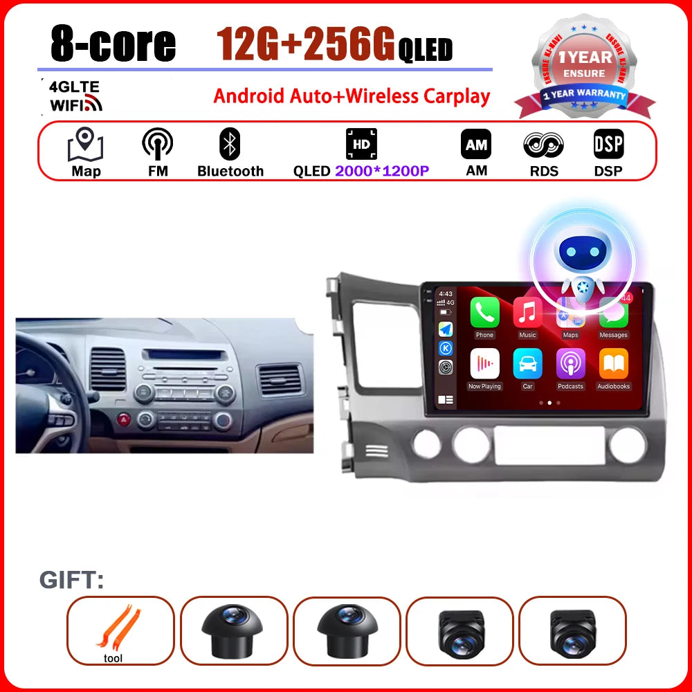 Android 15 Carplay autoradio pour Honda Civic 8 2005 - 2012 lecteur multimédia Navigation GPS 4G Audio No 2 Din 2 Din DVD