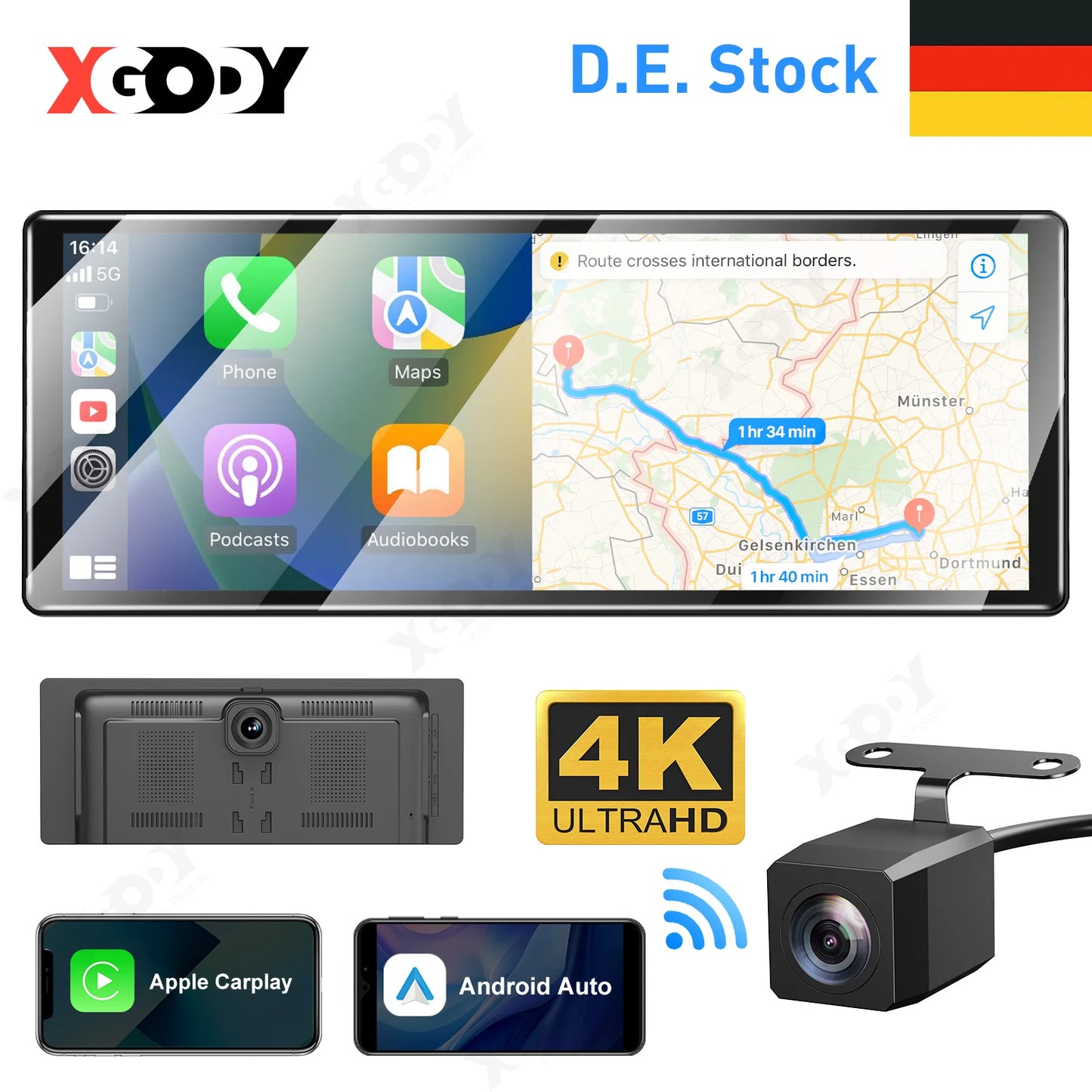 XGODY 11.3 "sans fil CarPlay et Android Auto Dash Cam ADAS 4K DVR Bluetooth Audio AUX GPS Navigation tableau de bord enregistreur vidéo