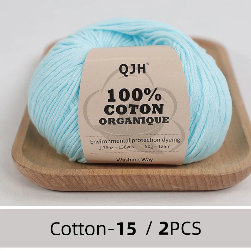 QJH Fil 100% coton biologique, fil pour tricoter, crochet et artisanat, paquet de 2 - 1,76 oz/136 mètres/1 pièce, léger, Dk