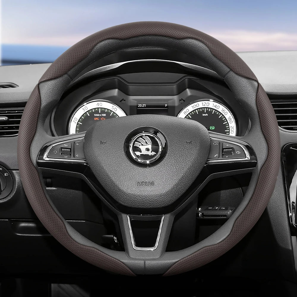 مناسب لـ Skoda غطاء عجلة قيادة من الجلد المسامي بتصميم مقطع سريع التحرير، مضاد للانزلاق ومتين، لسيارات Octavia Rapid Kodiaq Karoq Fabia Superb Kamiq Citigo Scala Combi Kylaq Kushag Slavia Black