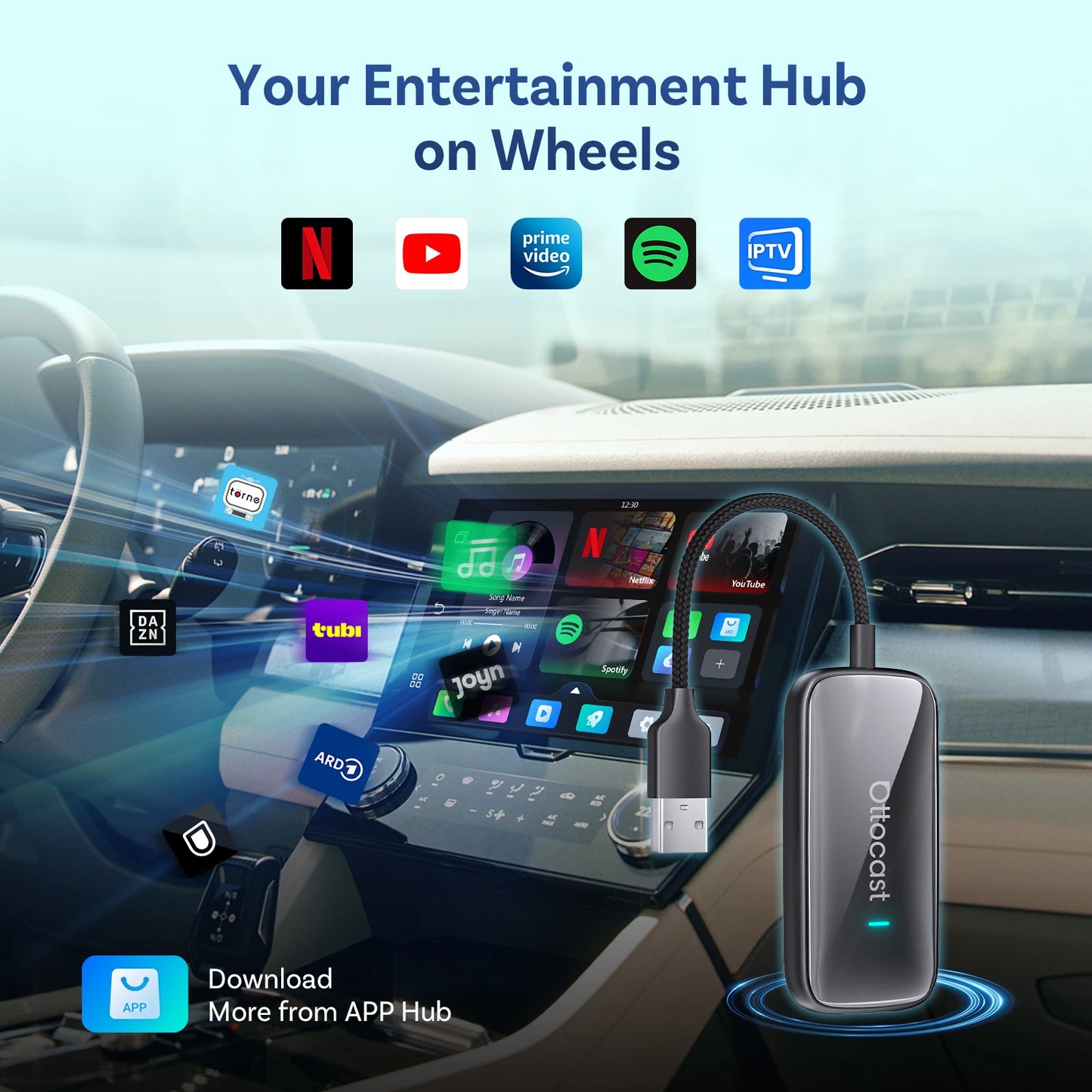 OTTOCAST Play2Video Ultra sans fil CarPlay et Android Auto AI Box intégré YouTube Netflix IPTV Plug & Play pour voiture filaire d'usine