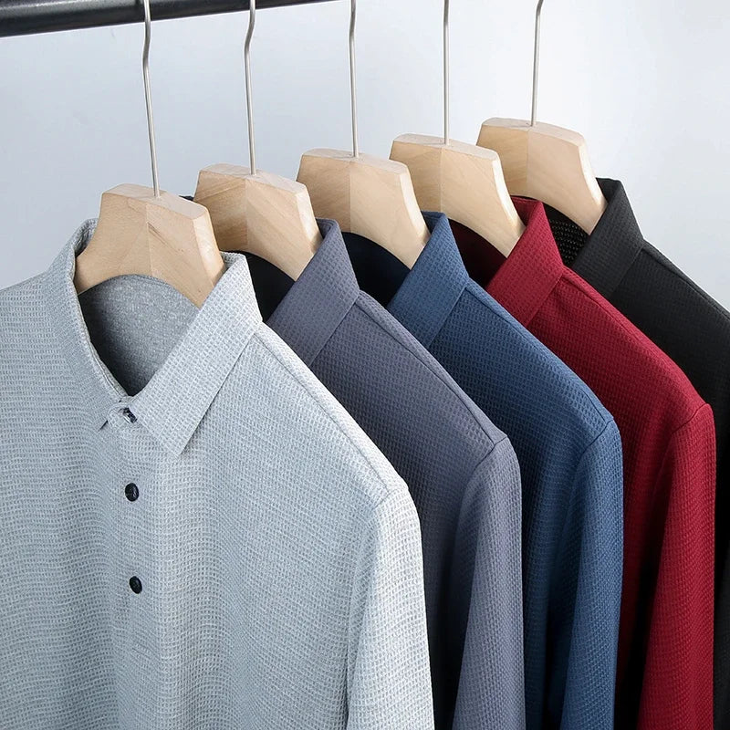 Chemise à manches longues pour hommes, Polo décontracté, couleur unie, à la mode, respirant, confortable, polyvalent, nouvelle collection