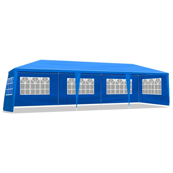 Tente de réception extérieure bleue 10x30 pieds (900x300 cm) en tissu PE imperméable avec structure en acier et 8 parois latérales amovibles avec fenêtres, capacité 50 personnes