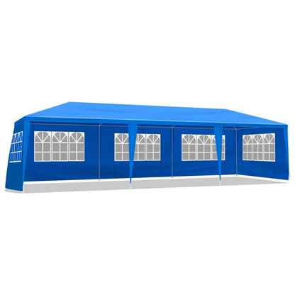 Tente de réception extérieure bleue 10x30 pieds (900x300 cm) en tissu PE imperméable avec structure en acier et 8 parois latérales amovibles avec fenêtres, capacité 50 personnes