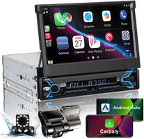 Autoradio à écran tactile simple Din rabattable de 7 pouces avec Apple Carplay et Android Auto, récepteurs Audio de voiture Bluetooth Mirrorlink FM