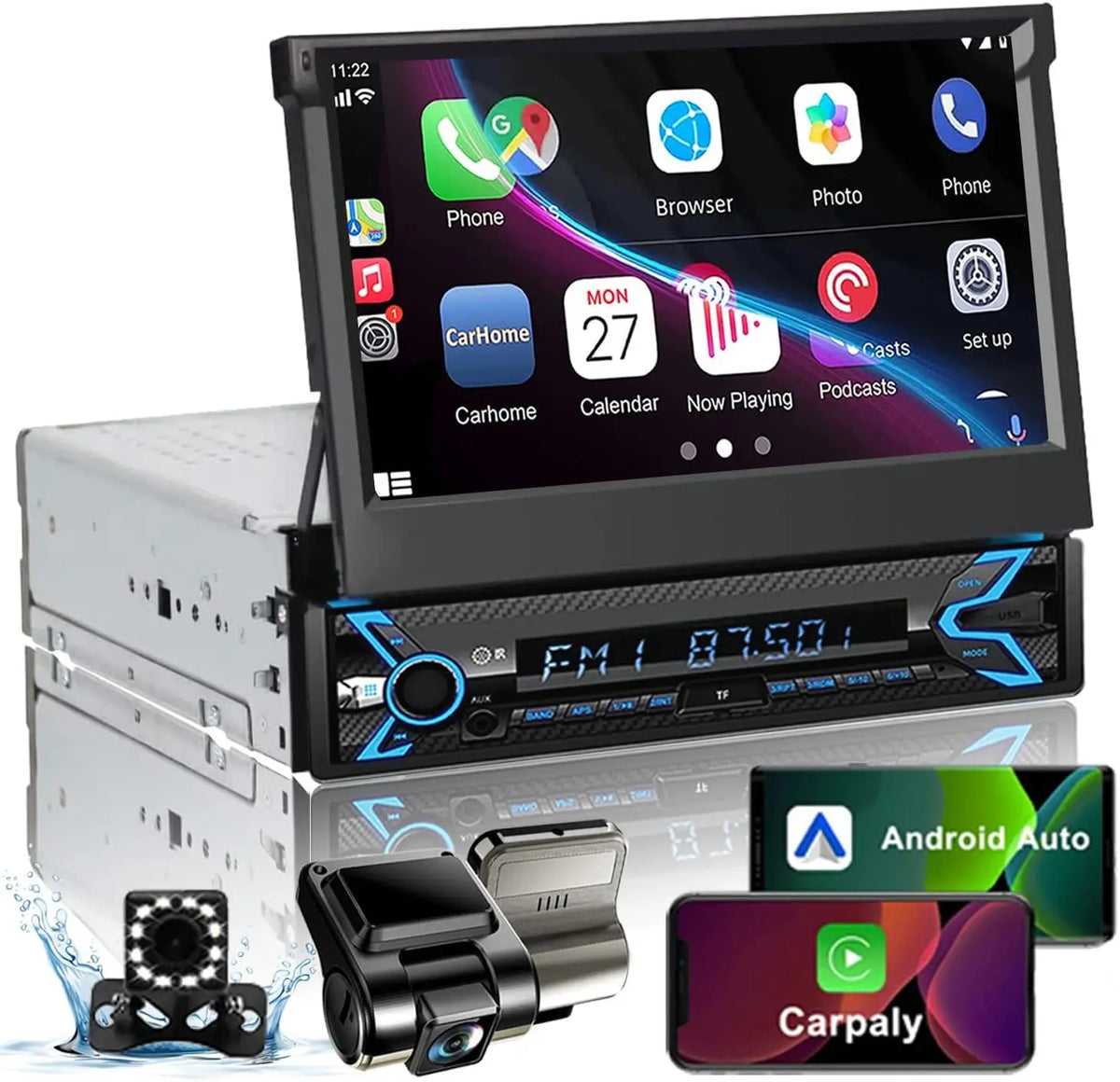 Autoradio à écran tactile simple Din rabattable de 7 pouces avec Apple Carplay et Android Auto, récepteurs Audio de voiture Bluetooth Mirrorlink FM