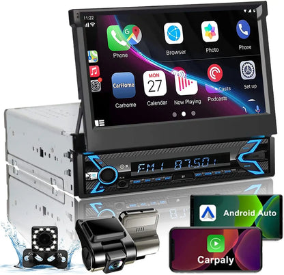 Autoradio à écran tactile simple Din rabattable de 7 pouces avec Apple Carplay et Android Auto, récepteurs Audio de voiture Bluetooth Mirrorlink FM