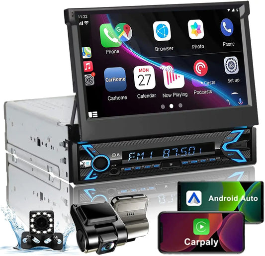 Autoradio à écran tactile simple Din rabattable de 7 pouces avec Apple Carplay et Android Auto, récepteurs Audio de voiture Bluetooth Mirrorlink FM