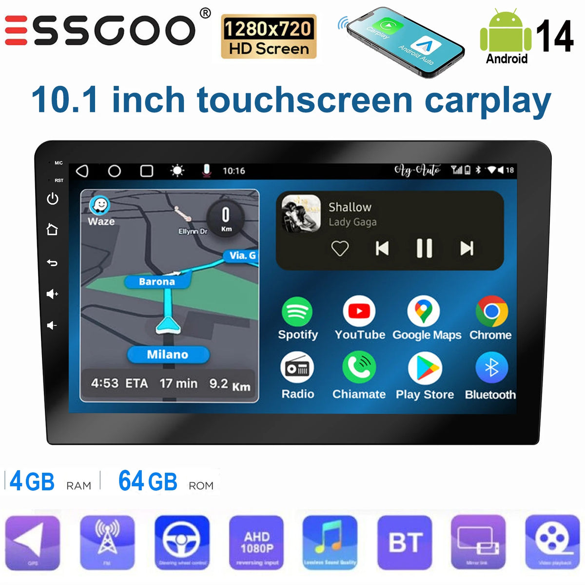 ESSGOO Écran Tactile 10.1 Pouces 2 DIN 2+64GB/4+64GB Autoradio Android 14 Carplay Sans Fil Android Auto GPS Navigation WiFi FM RDS Entrée Caméra Arrière Contrôle du Volant Mirror Link Bluetooth Écran Divisé USB