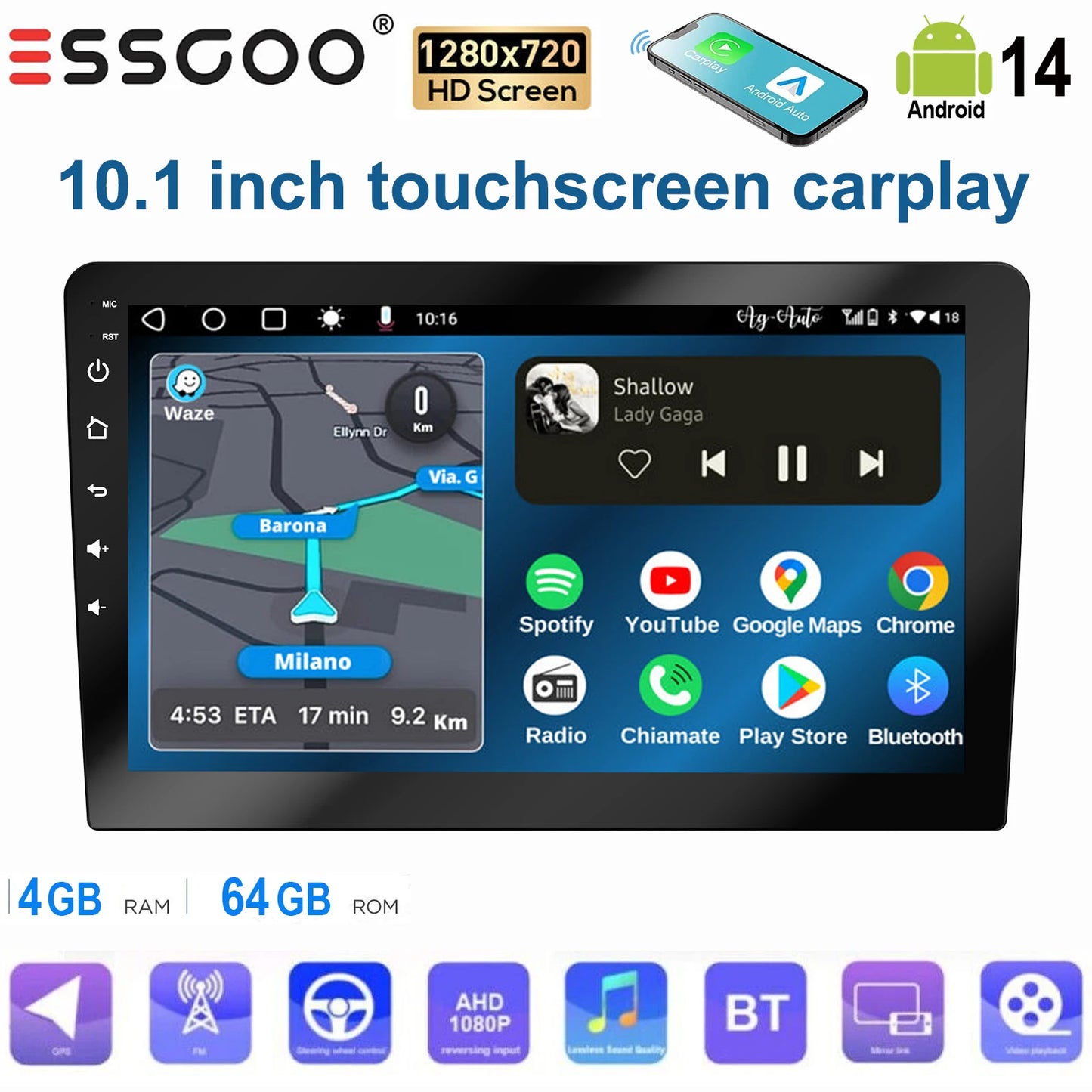 ESSGOO Écran Tactile 10.1 Pouces 2 DIN 2+64GB/4+64GB Autoradio Android 14 Carplay Sans Fil Android Auto GPS Navigation WiFi FM RDS Entrée Caméra Arrière Contrôle du Volant Mirror Link Bluetooth Écran Divisé USB