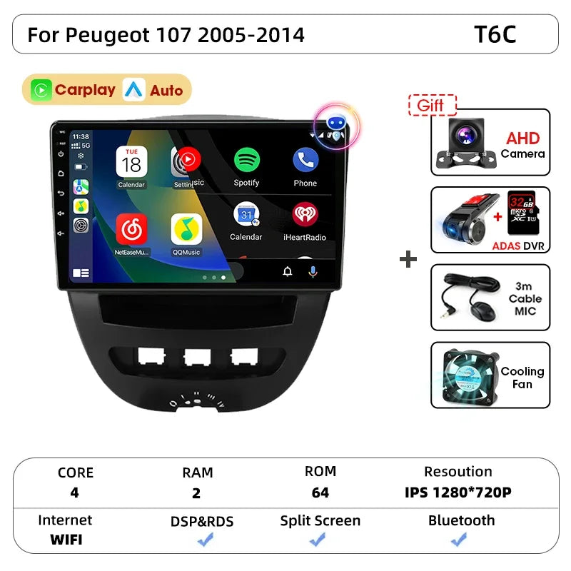Srnubi autoradio pour Peugeot 107 Toyota Aygo citroën C1 2005-2014 sans fil Carplay Android Auto lecteur multimédia de voiture 2 Din