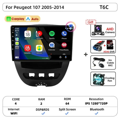 Srnubi autoradio pour Peugeot 107 Toyota Aygo citroën C1 2005-2014 sans fil Carplay Android Auto lecteur multimédia de voiture 2 Din