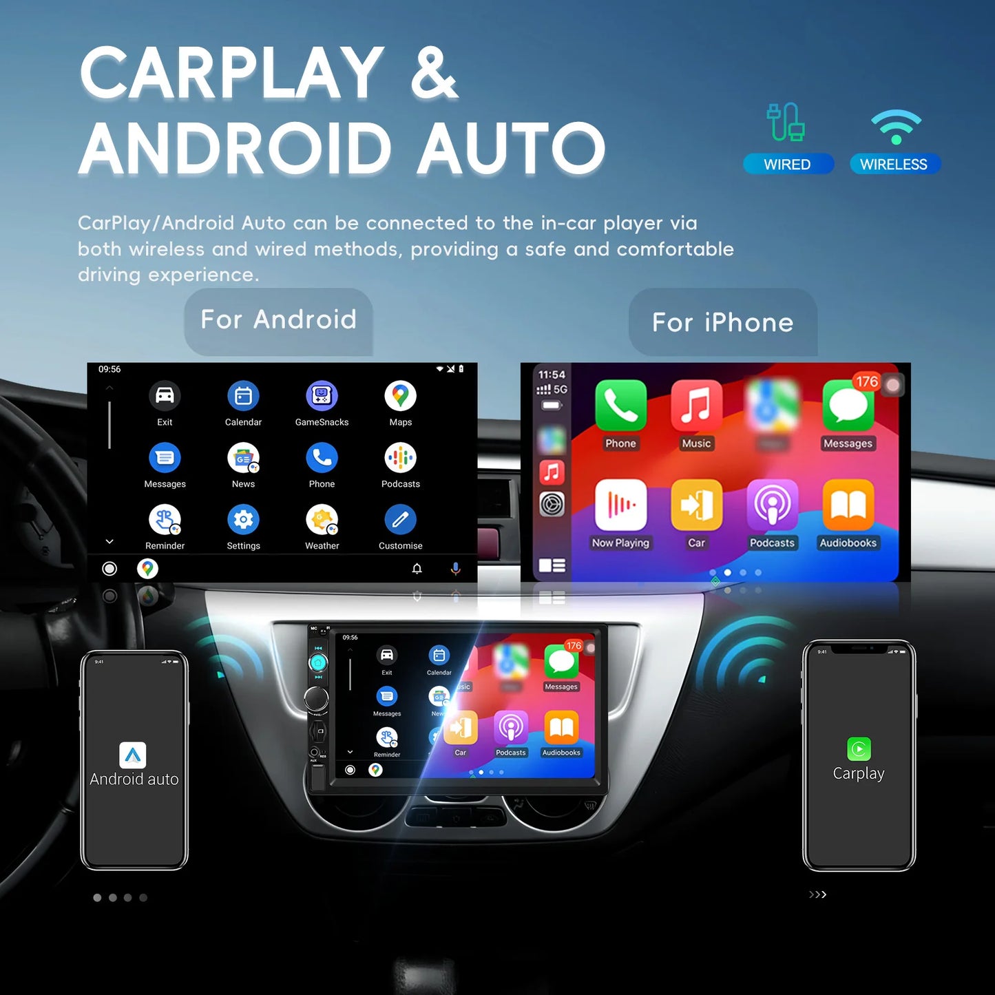 Lecteur multimédia MP5 Hikity universel 7 pouces 1 Din avec Carplay, prise en charge de Mnirrorlink, effets sonores EQ, BT, FM, USB, carte SD, autoradio