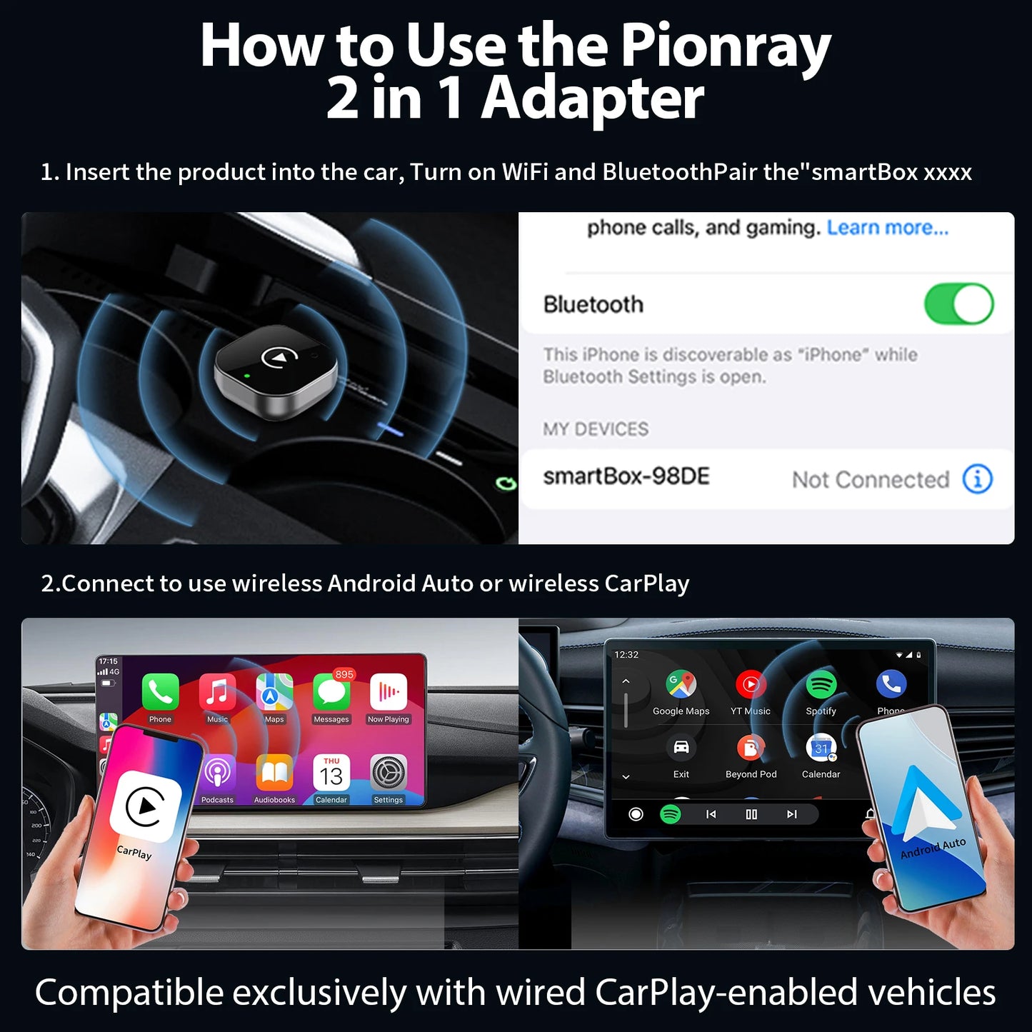 Adaptateur CarPlay sans fil 2 en 1 et adaptateur sans fil Android Auto, WiFi 5Ghz type-c/USB Plug Play CarPlay sans fil, 2026