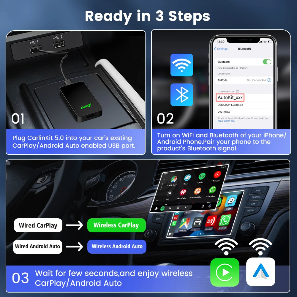 CarlinKit 2026 2Air Wireless Android Auto Box, Dongle CarPlay sans fil portable pour autoradio avec CarPlay filaire, Android Auto, 5.0
