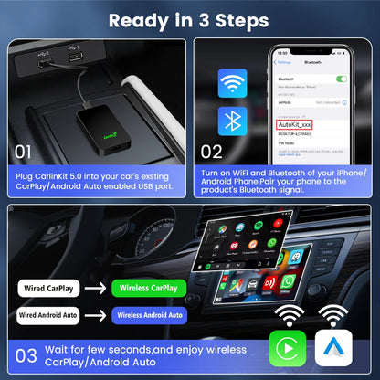 CarlinKit 2026 2Air Wireless Android Auto Box, Dongle CarPlay sans fil portable pour autoradio avec CarPlay filaire, Android Auto, 5.0
