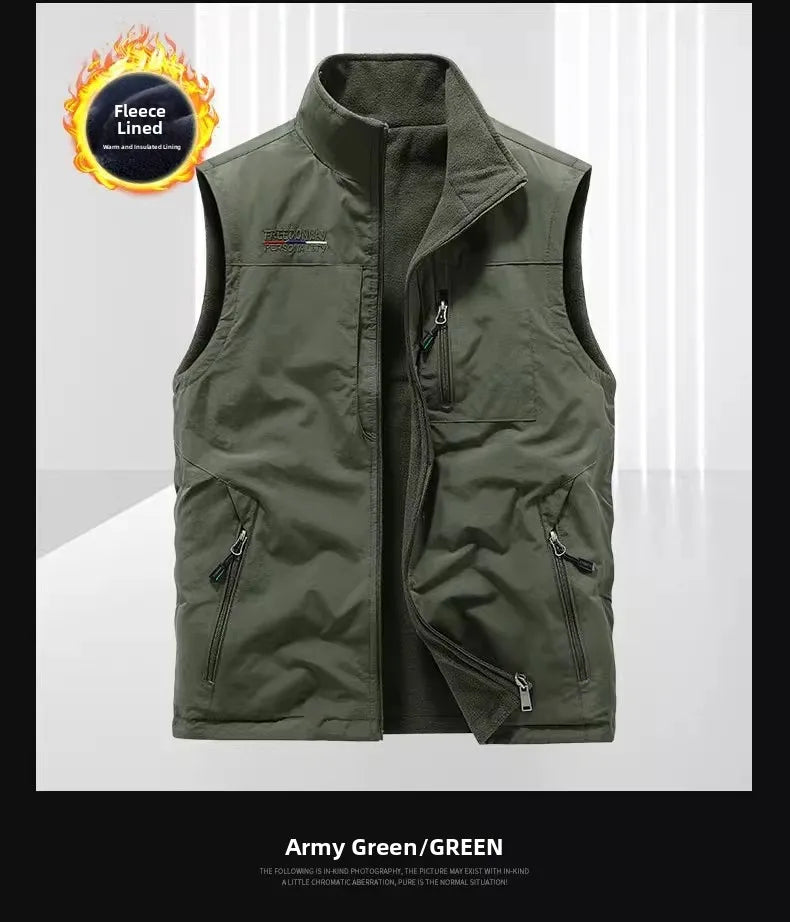 Gilet de sport d'extérieur en polaire épaisse pour homme, réversible, décontracté, coupe ample, fermeture éclair, couleur unie, automne-hiver