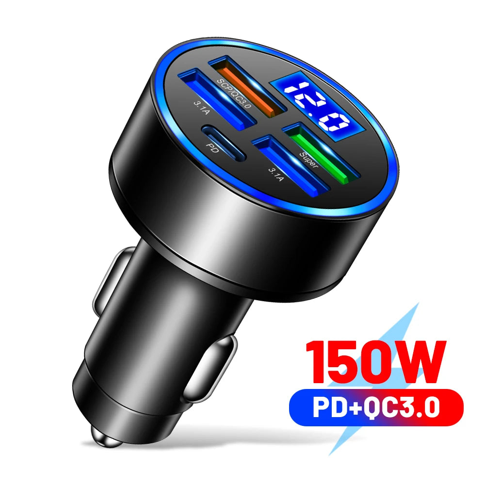 Chargeur de voiture à charge rapide, 66-250W, PD, QC3.0, une à six voitures, prise allume-cigare Laguna, charge flash avec affichage numérique