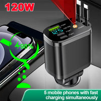 Chargeur de voiture rétractable 5 en 1, 120W, avec lumière étoilée, adaptateur allume-cigare Super rapide pour iPhone Huawei Samsung