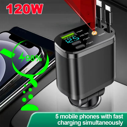Chargeur de voiture rétractable 5 en 1, 120W, avec lumière étoilée, adaptateur allume-cigare Super rapide pour iPhone Huawei Samsung