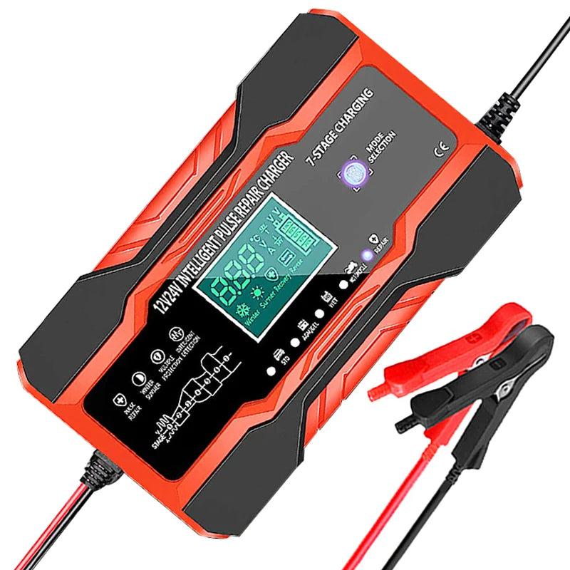 Chargeur de batterie intelligent 12V 24V 12a 10a, Charge rapide pour Batteries de voiture, Charge en 7 étapes, réparation d'impulsions pour GEL AGM humide, plomb acide