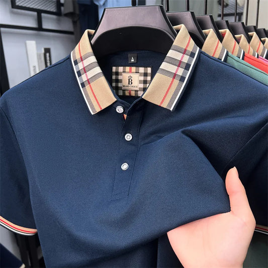 Polo à manches courtes en coton soyeux et respirant pour hommes haut de gamme nouvelle tendance d'été, revers à carreaux marque de styliste T-shirt de golf décontracté