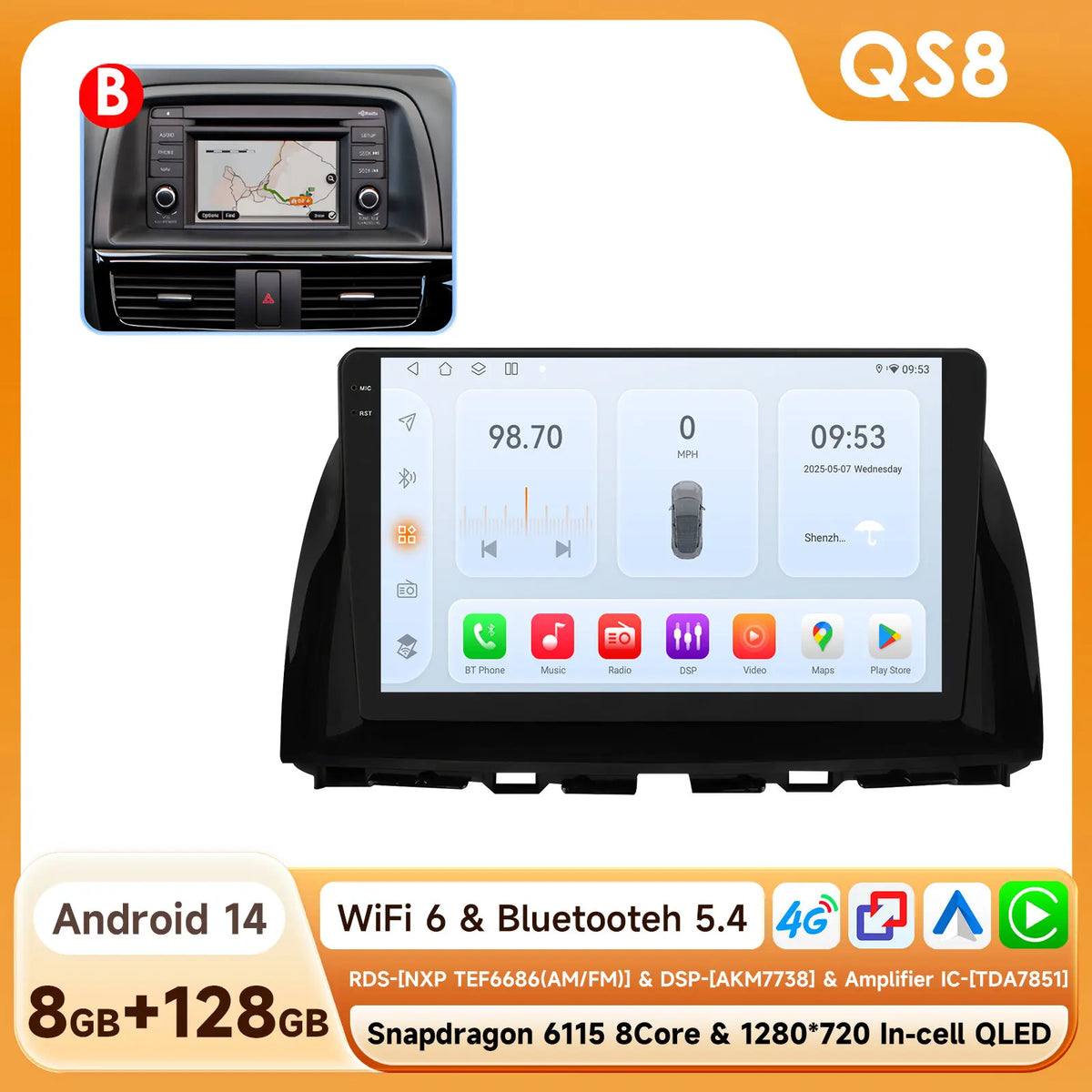 Snapdragon 8Core Android 14 autoradio pour Mazda CX5 CX-5 2012-2015 lecteur multimédia 6115 360 Cam Autoaradio Carpay Android Auto